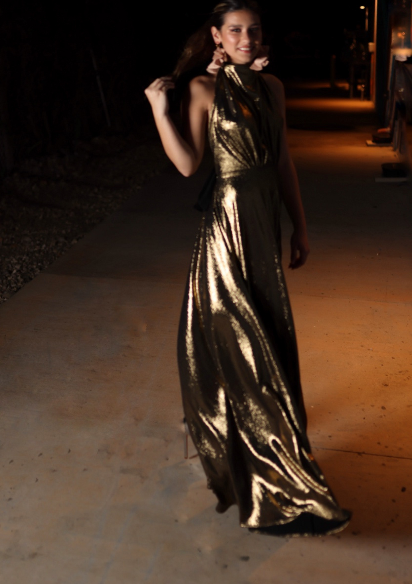 Black and top gold halter dress